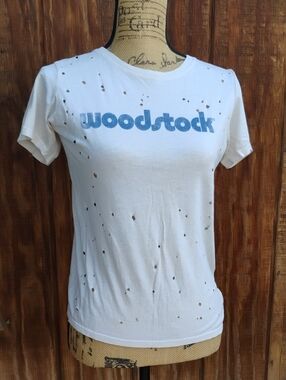 Daydreamer White Woodstock Distressed Graphic Tee with Blue Print